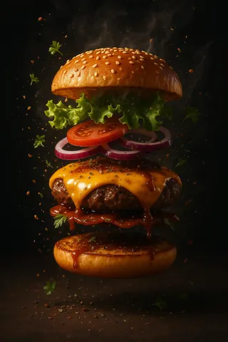 Close-up of a giant cheeseburger with sesame seed bun, lettuce, tomato, onions, melted cheddar cheese, and dripping sauce suspended mid-air against a velvet dark background with seasoning flakes and herbs floating around.