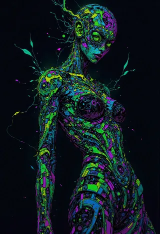 A digital female figure covered in intricate, glowing circuit patterns and abstract data streams in neon blues, greens, and purples on a dark background.