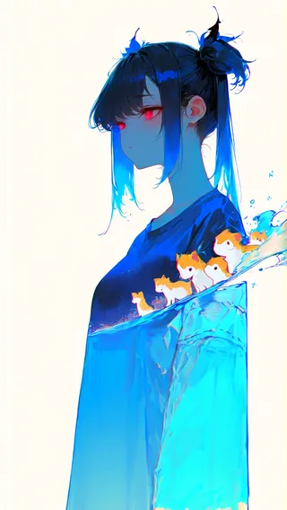 Digital artwork of an anime girl with blue hair and red eyes, featuring a double exposure effect showing small fox figures emerging from her blue attire.