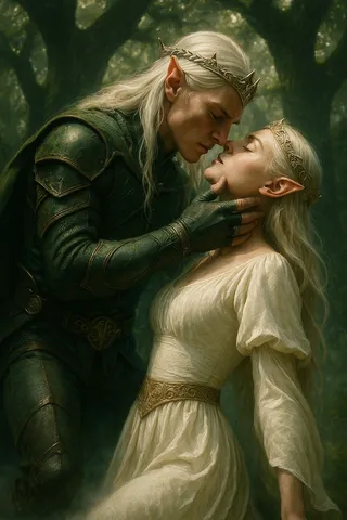 Platinum-haired elven warrior in forest-green leather armor holds an alabaster-gowned elf maiden’s throat in a breathless near-kiss within a misty, emerald forest glade, illuminated by cinematic volumetric light.