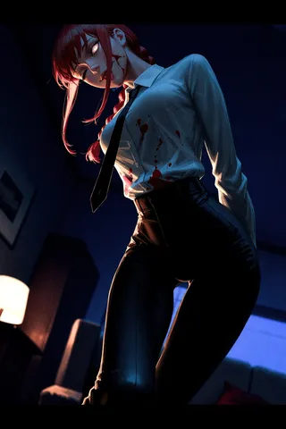 Assertive female character Makima from Chainsaw Man with blood stains on her white shirt, dimly lit living room at night, Dutch angle perspective.