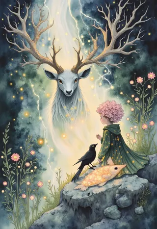 A celestial stag with large, branching antlers glowing with constellation patterns appears ethereal in a dark, glowing forest, facing a child with pink flower-like hair wearing a green tunic, accompanied by a black bird and a glowing fish on rocky ground amid blooming pink flowers.