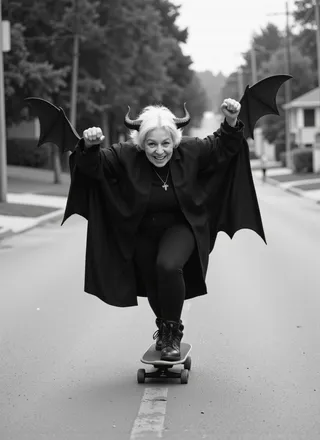 Black and white photo of an elderly woman with white hair, wearing bat wings and horns, enthusiastically skateboarding down a street with a joyful expression.