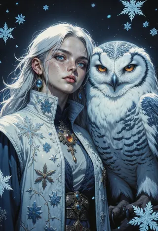 A fierce young woman with cold white hair and blue eyes stands beside a majestic white and blue owl, surrounded by glowing snowflakes.