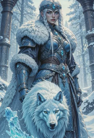 A striking female Frostbound Valkyrie with silver braided hair and piercing blue eyes clad in intricately detailed winter armor with blue crystalline accents, standing in a snowy forest beside a large white wolf.