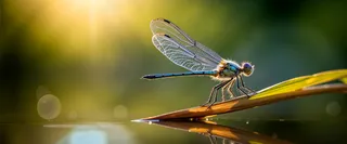 Close-up macro photo of a shimmering dragonfly perched on a curved reed with translucent iridescent wings, softly illuminated by golden hour light near a still pond with bokeh background.