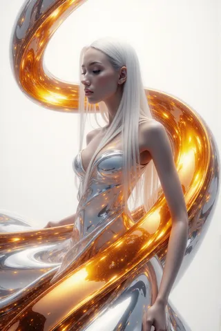 A young Greek woman with long, straight white hair wears a shiny silver dress while surrounded by swirling molten chrome and liquid gold ribbons on a white background.