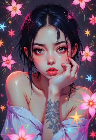 Close-up pixel art portrait of an East Asian woman with dark hair, vibrant reddish-pink makeup, a detailed tattoo on her arm, surrounded by glowing cherry blossoms and neon lights.