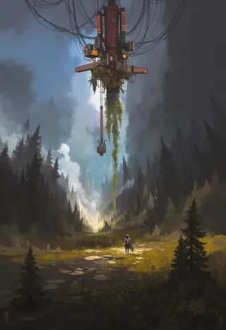 A surreal liminal space showing a large mechanical structure hanging with cables above a forest clearing, where a lone figure stands on a winding path surrounded by tall trees under a moody sky.