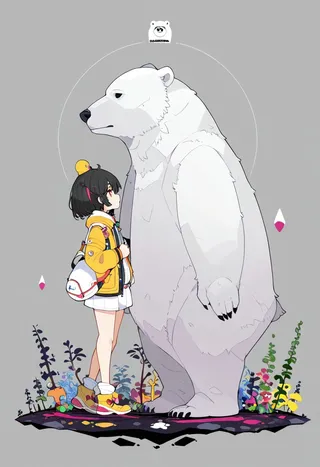 Anime style illustration showing a side view of a large white polar bear standing face-to-face with a girl in a yellow jacket, surrounded by colorful plants on a gray background