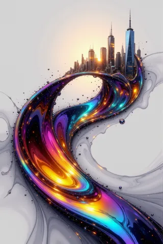A vibrant abstract cityscape with a satin-metallic fluid twisting in a seamless helix reflecting colorful light and glowing outlines under a sunset sky.