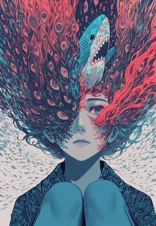 Surreal portrait featuring an expressionless person with colorful, high contrast body horror elements, including many eyes and an ikea shark emerging from hair-like patterns.