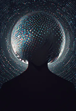 Silhouette of a girl with an abstract, spherical head composed of colorful halftone dots and chromatic aberration effects in a dark, surreal cyberspace environment.