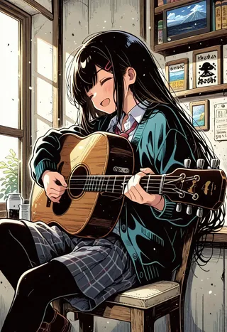 Illustration of a cute girl with long black hair playing an acoustic guitar in a cozy room with a window and Japanese-style decorations on the wall.