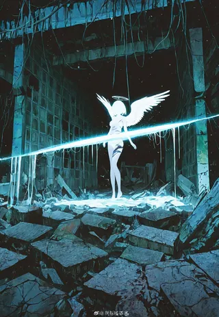 A glowing white-winged angelic figure stands amidst cracked ruins holding a luminous horizontal sword, surrounded by a dark, mysterious, cinematic environment.