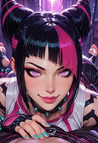 Close-up portrait of a seductive girl with purple eyes, black hair with pink streaks styled in buns, wearing spiked bracelet and fingerless gloves, smiling playfully.