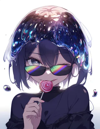 Anime-style female character with dark hair, wearing kaleidoscopic sunglasses and licking a pink and white lollipop, her transparent face blending into a vivid liquid dreamscape of colors and lights.