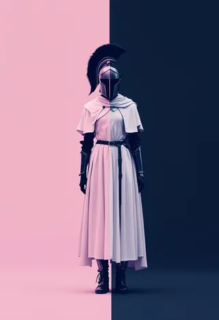 A minimalist digital artwork showing a female knight in a black Roman helmet and white armor, standing centered on a sharp vertical color split with pastel pink on the left and deep navy blue on the right.