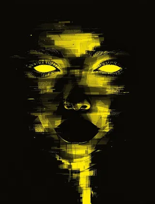 A futuristic digital portrait featuring a yellow gradient face with glowing eyes, rendered with geometric shapes and a dark moody background.