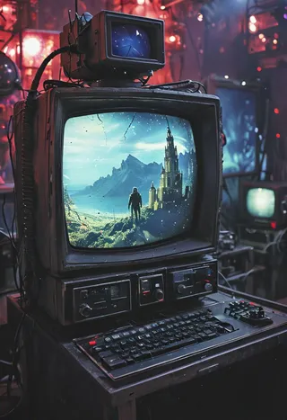 Closeup of a vintage CRT computer displaying a scene with a spaceman facing a fantasy castle with mountains, set in a hyperpunk style with desaturated red and blue lighting.