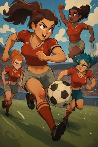 Illustration of four female soccer players wearing matching jerseys, dynamically running on the field with a soccer ball in a stadium setting.