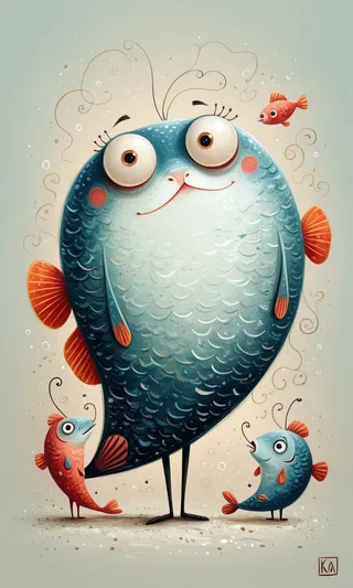 A whimsical caricature featuring a large, blue and orange cute fish with exaggerated eyes, accompanied by three smaller colorful fish.