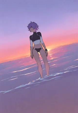 A purple-haired girl in a two-tone dark blue and white rash guard stands in the water at sunset, illuminated by soft pink and purple hues, viewed from a low dutch angle.
