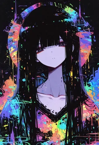 Illustration of a girl with long black hair and bangs, showing her collarbone and upper body against a colorful abstract background, created in Chinese ink art style.