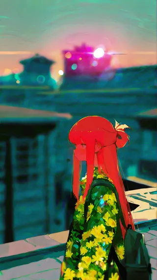 A girl with very long red hair tied in a folded ponytail wearing a green flower dress and a backpack standing on a rooftop during sunset with bokeh lights and blurry background.