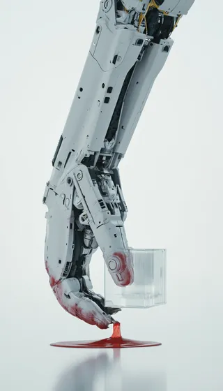 A hyperrealistic cybernetic robotic arm and hand with red paint dripping, holding a transparent glass cube against a soft, light background with shallow depth of field.