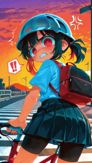 Anime-style illustration of an angry girl with red eyes riding a bicycle at a crosswalk during sunset, wearing a blue helmet, red backpack, pleated skirt, and bike shorts.
