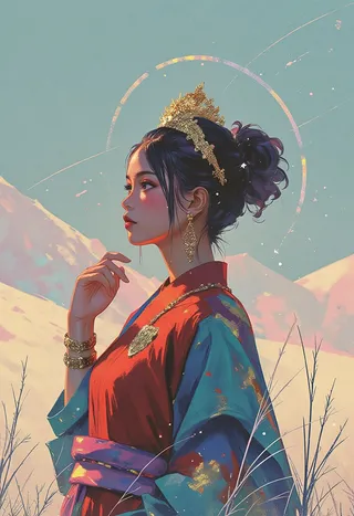 Side-profile portrait of a Tibetan princess wearing a deep red traditional robe with golden embroidery, adorned with a golden crown and jewelry, set against a mountainous sky with ethereal glowing halo.