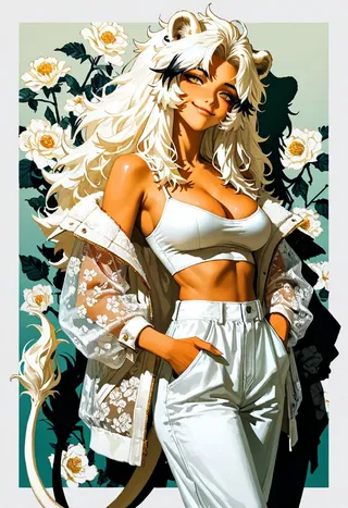Anime-style lion girl with large fluffy white hair, gold eyes, dark skin, wearing a white crop top and pants, with animal ears and floral background