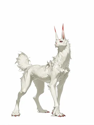 A stylized white fantasy animal with red eyes and sharp claws stands confidently on a white background, rendered in detailed PastelInk style.