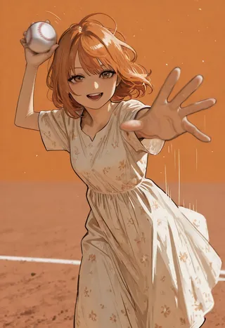 A cheerful girl with orange hair wearing a floral summer dress is in mid-motion throwing a baseball towards the viewer, set against a warm orange-toned background.