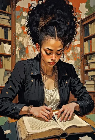 Black woman with afro hairdo wearing a black leather jacket and white tank top signs a book at a table with a fountain pen, surrounded by bookshelves with colorful spines.