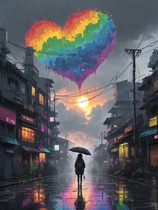 A lone figure stands with an umbrella on a rain-soaked urban street, beneath a grey sky with a large heart-shaped rainbow-colored sun.