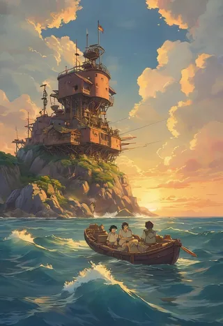 A highly detailed Studio Ghibli style painting depicting a massive floating raft base on the ocean in a postapocalyptic water world with a single island on the horizon during sunset, and three people rowing a boat in the foreground.