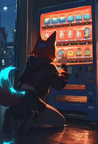 Foxgirl in dark techwear kneeling beside a glowing vending machine in a rainy, neon-lit Tokyo alleyway with a single bright tail glowing behind her.