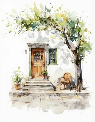 Watercolor painting of a traditional white stucco house featuring a wooden door, green window, stone steps, potted plants, a wicker chair, and a tree casting shadows.