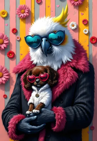 Close-up of a white parrot wearing heart-shaped blue sunglasses and a black and pink fuzzy pinstripe coat, holding a small black puppy in white fur coat and pink heart-shaped sunglasses, against a colorful background with paper flowers and heart stickers.