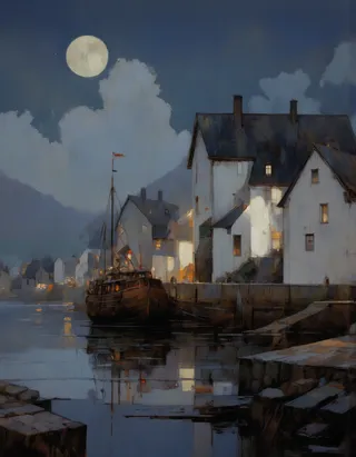 A tranquil night scene with a full moon over a calm harbor, featuring a wooden ship docked by white buildings with lit windows reflecting on the water.