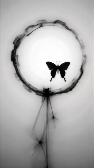 Black butterfly with motion trails cutting through a bright white circular artificial sun on a monochrome background with abstract, gestural lines and heavy negative space.