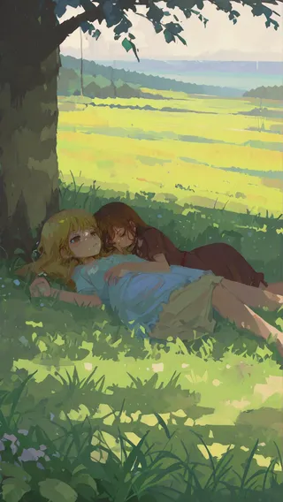 Two girls, one blonde and one with brown hair, cuddling while lying under a tree in dappled sunlight, surrounded by grass and a scenic natural landscape.
