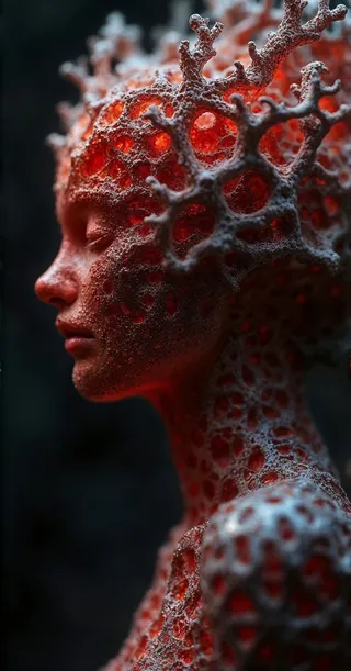 Close-up macro view of a coral-like filigree sculpture resembling a girl’s face and neck, with intense deep red color and intricate porous texture set against a dark gray background.