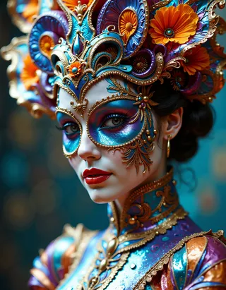 A woman wearing an elaborate Venetian carnival mask and dress made out of iridescent chrome with rich blue, orange, and gold filigree details, featuring a chromatic sci-fi style and a shimmering finish.