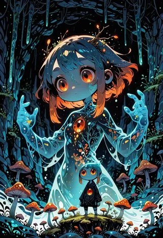 A blue-skinned slime woman with transparent, bioluminescent body and orange eyes stands in a dark cave surrounded by glowing crystals and giant orange-capped mushrooms.