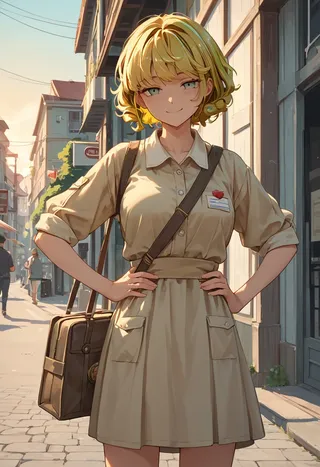 Anime-style illustration of a smiling blonde mail carrier girl standing confidently with hands on hips, sunset glow on a peaceful street.