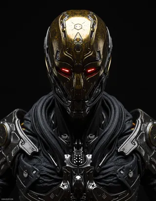 Futuristic high-tech cyber core figure with a golden helmet featuring a dark obsidian visor and glowing red eyes, clad in black ceremonial armor and mantle.