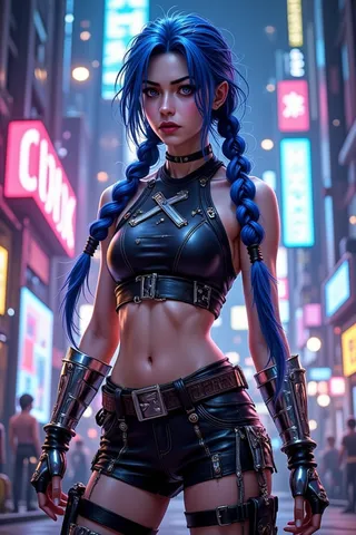 Jinx from League of Legends with long blue braided pigtails, dressed in black punk-rock leather outfit, posing confidently in neon-lit urban city street.